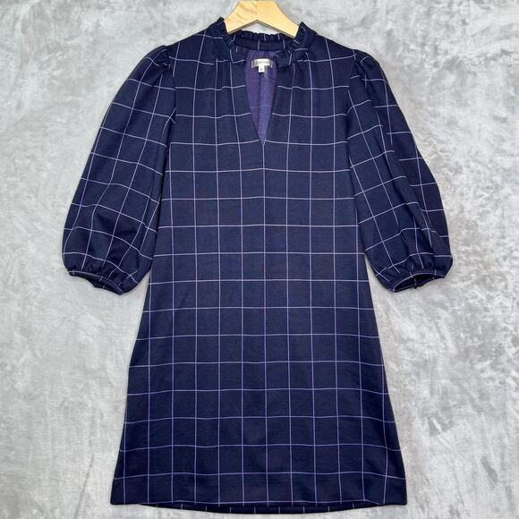 Tyler Boe Dress Womens Medium Blue Windowpane Check Puff Sleeve Shift Modern - Picture 1 of 13